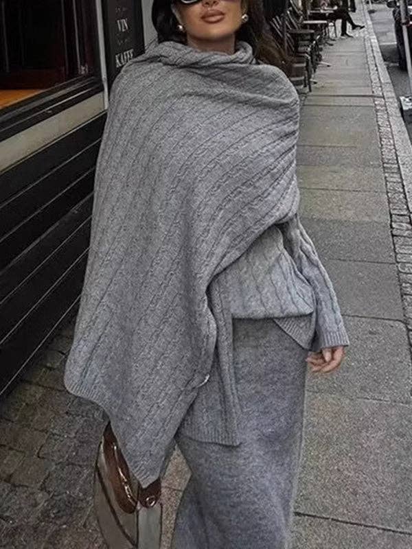 Haut à manches longues ample uni à col rond avec fente + écharpe deux pièces pour la vente par VividLux