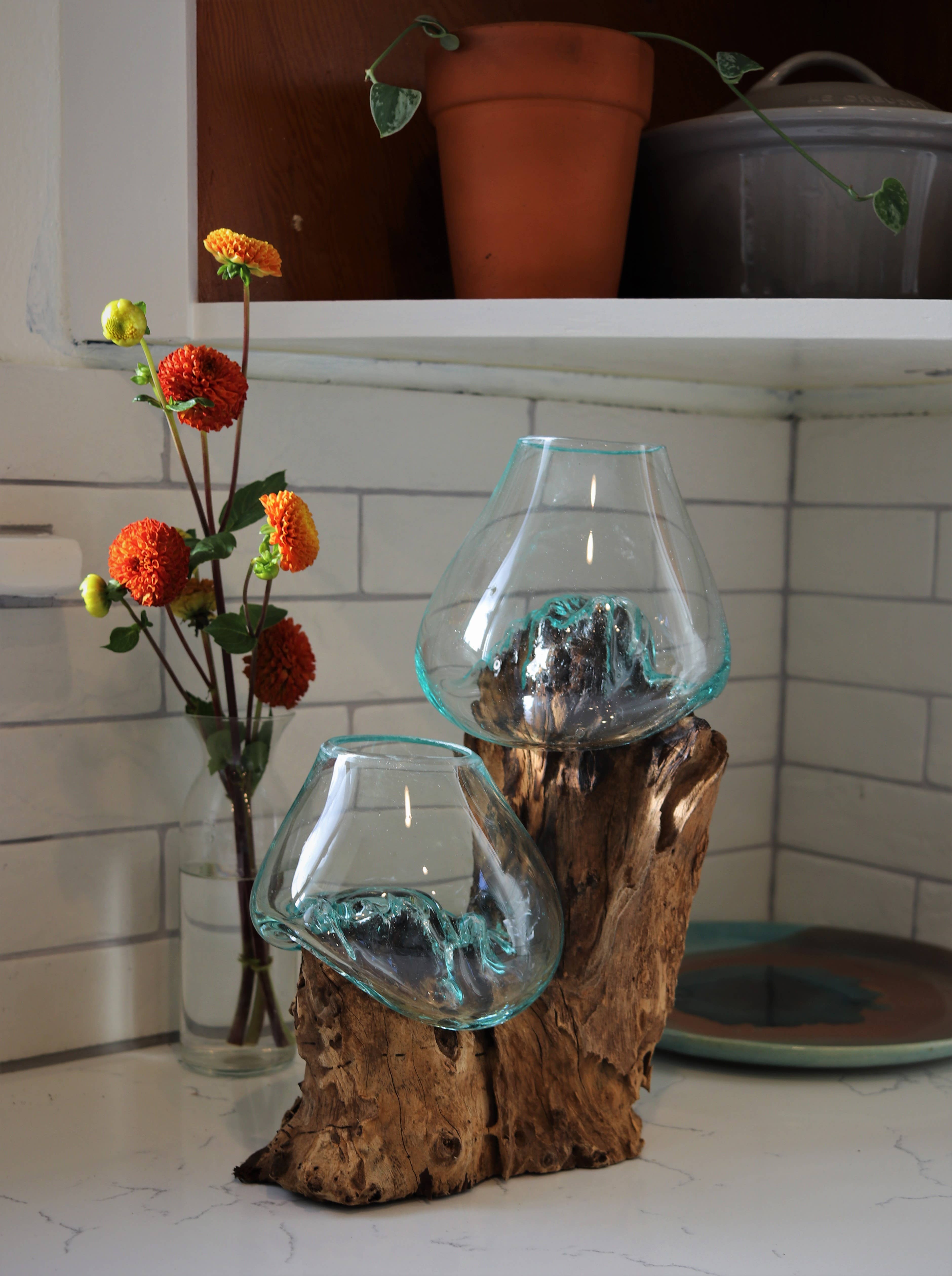 Cohasset Gifts - Wholesale Decorative Tabletop Object - 12" Tall Wood Double with (2) 15cm Cohasset Molten Glass3