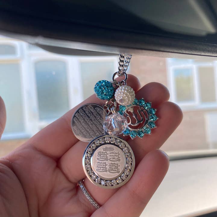 Silver Blue Car Mirror Ayatul Kursi, Allah, 4Qul Charm, Protection, New Driver Gift for wholesale by Just For Bubba