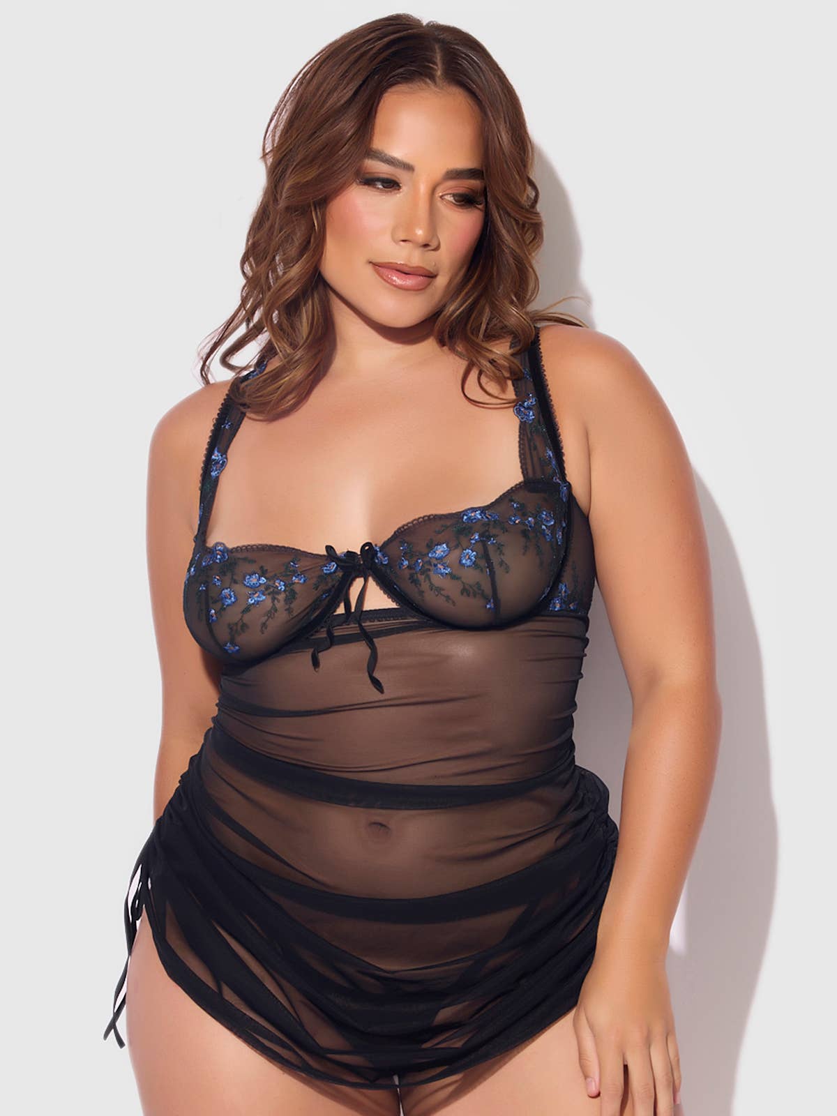 House of Desire - Wholesale Lingerie Set - Women's - HARPER EMBROIDERED MESH SIDE CINCH CHEMISE & G-STRING SET14