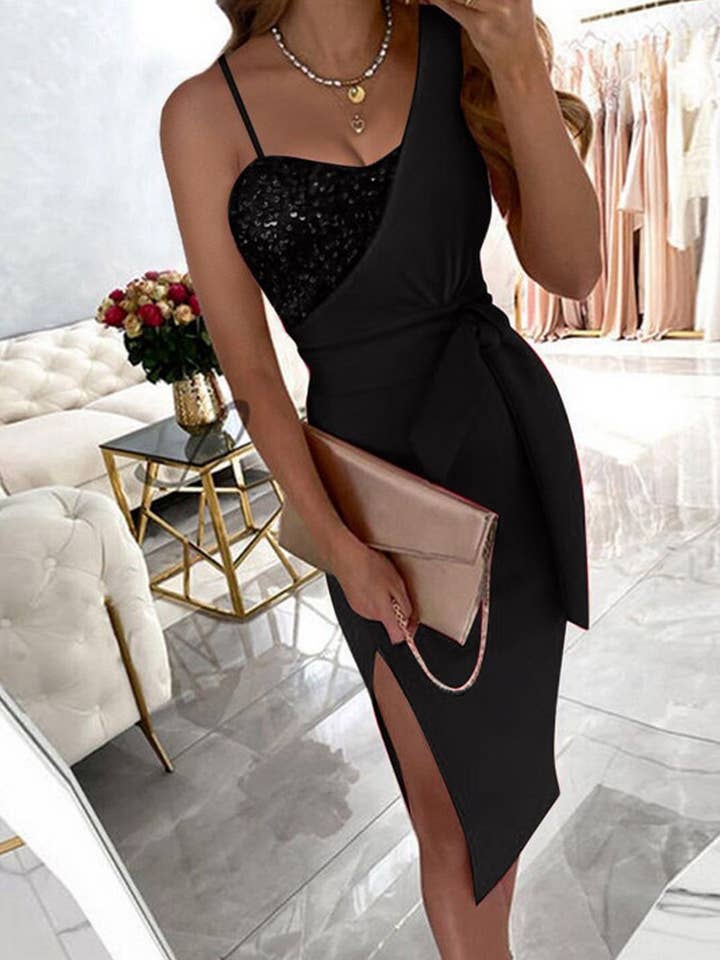 CWDMD4045_SEQUINED SLIT ONE-SHOULDER EVENING GOWN DRESS for wholesale by NINEXIS