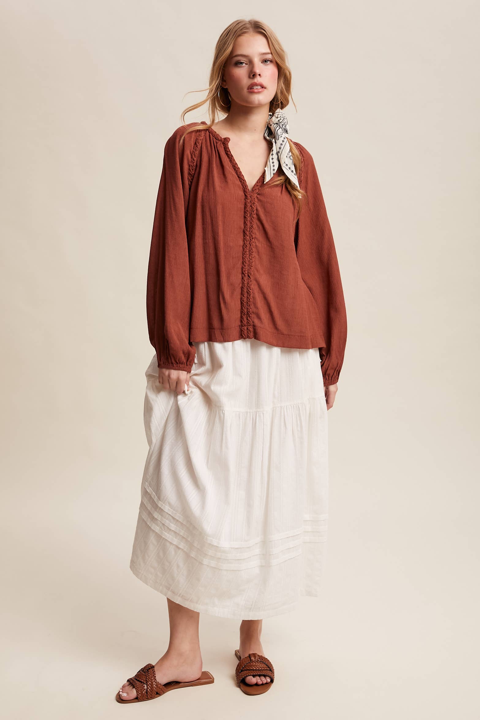 Listicle - Wholesale Blouse - Women's - Braided Trim Peasant Blouse LT144722