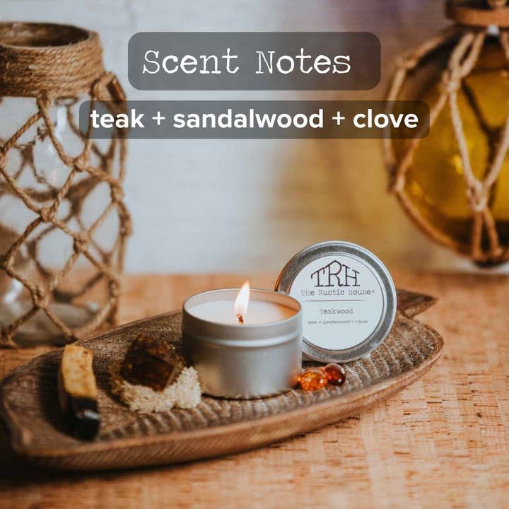 Teakwood | Silver Travel Tin Soy Candle | 4oz. for wholesale by The Rustic House