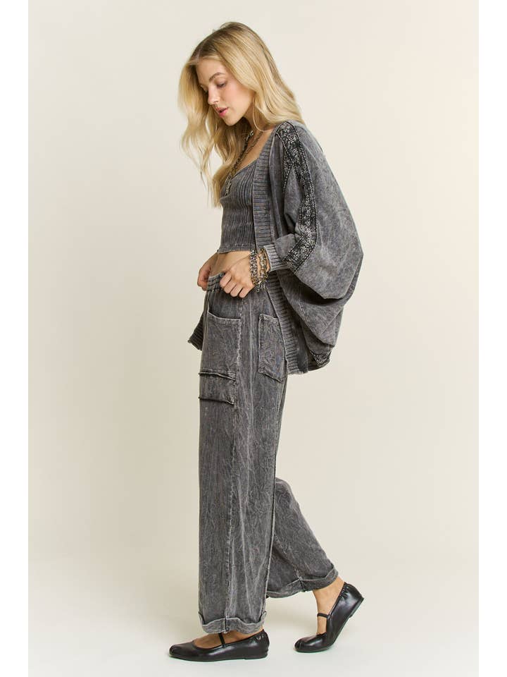 J.Her - Wholesale Cardigan - Women's - MineralWashed Lace trim Batwing Dolman cardigan HT66979