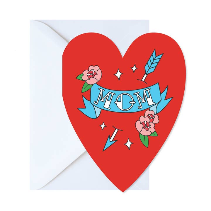 Mom Die-Cut Heart Tattoo Greeting Card for wholesale by The Paxton Press