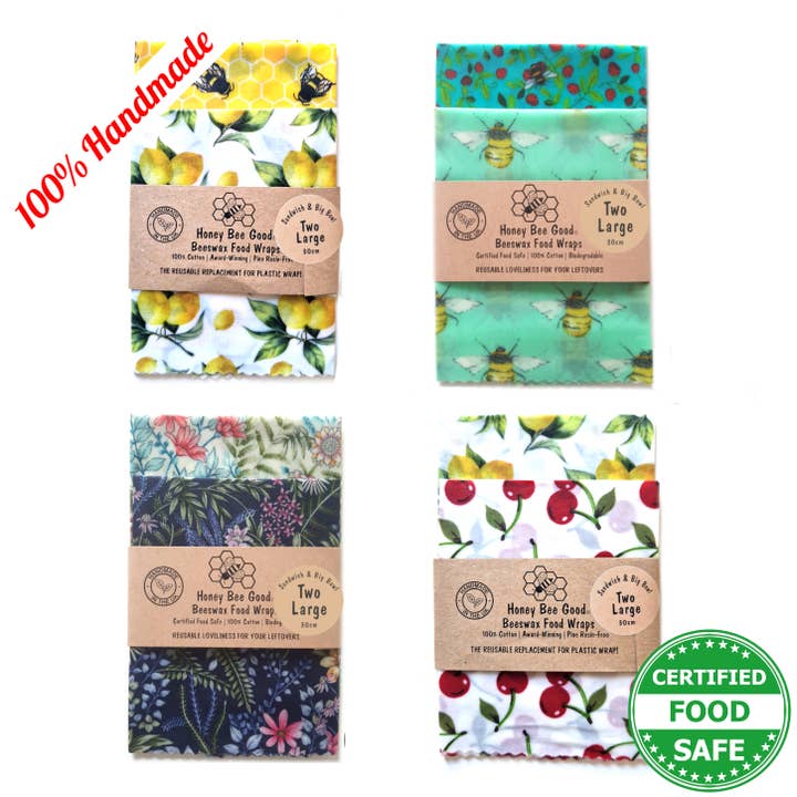 2 grote HANDGEMAAKTE sandwich/kom bijenwasverpakkingen | Kies patronen voor wholesale door Honey Bee Good
