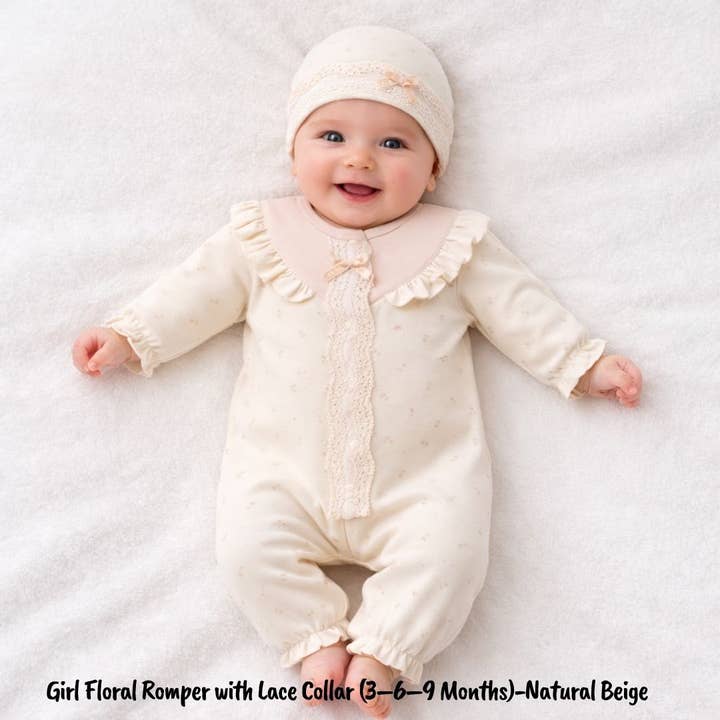 Baby Girl Floral Romper with Lace Collar (3–6–9 Months) for wholesale by Omnis Pura