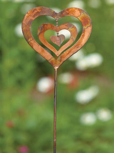 6.5" Flamed Triple Spinning Heart Garden Stake for wholesale by Ancient Graffiti
