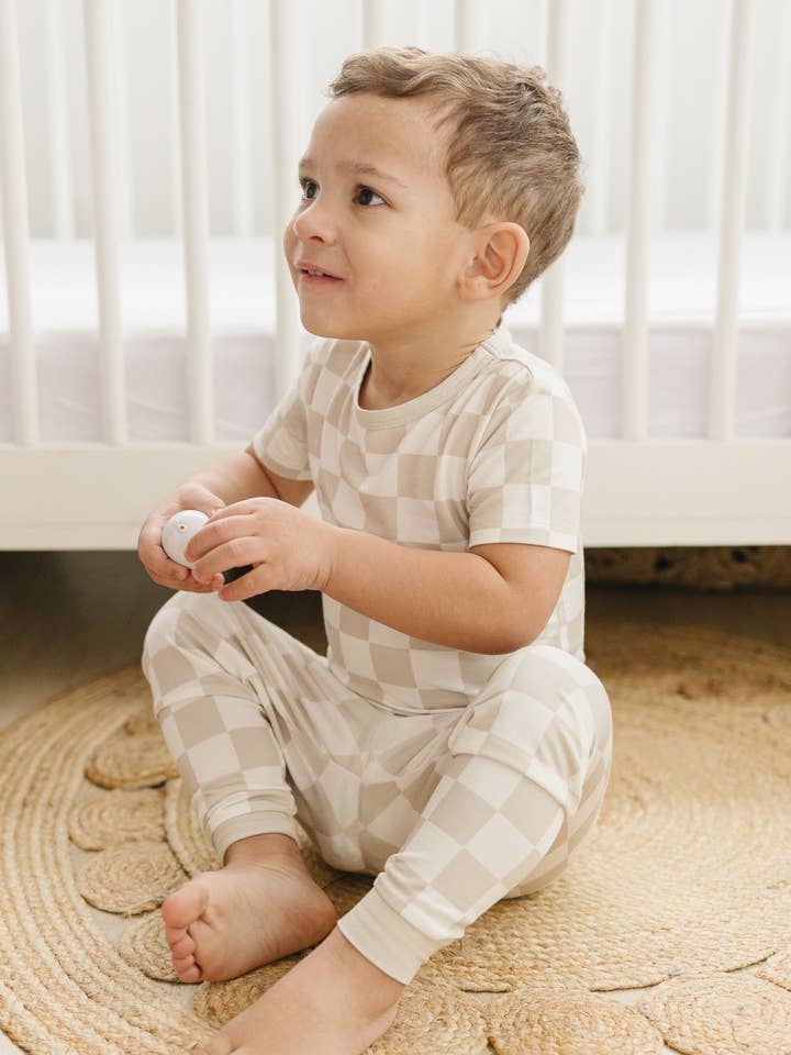 Little Joy Co. - Wholesale Sleepwear Set - Kids - Neutral Checker 2pc Bamboo Pajamas Toddler Boy PJs Set Check