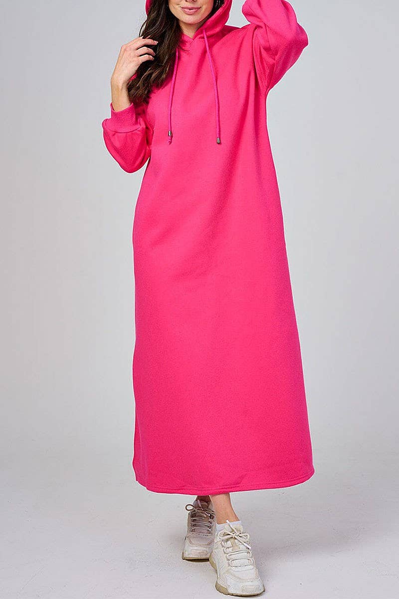 ROUSSEAU - Wholesale Dress - Women's - SOLID LONG SLEEVE HOODED POCKET FRONT MAXI DRESS1