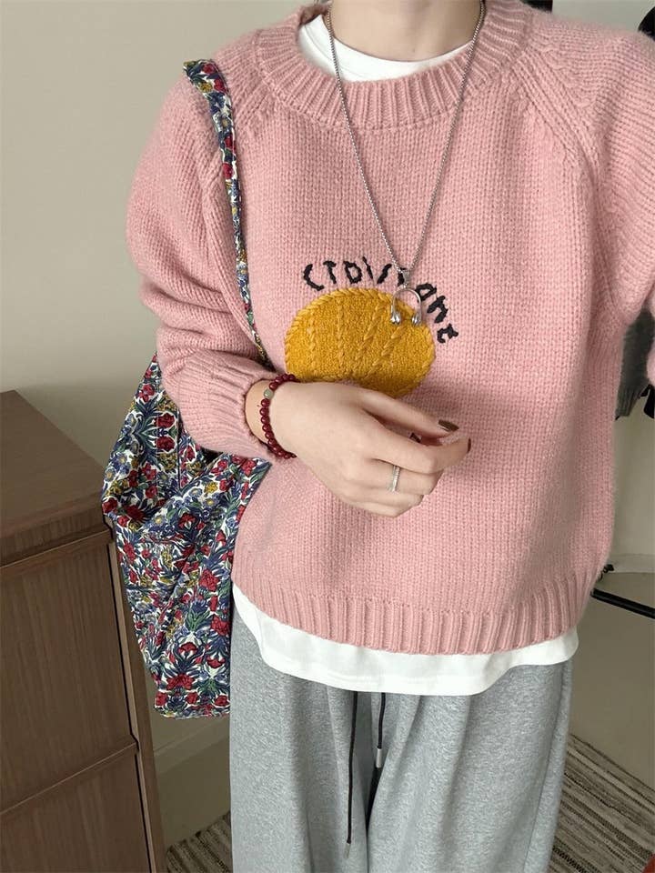 Marayn - Wholesale Knitted jumper – Women′s - Cute Korean Style Cartoon Letter Knit Sweater1