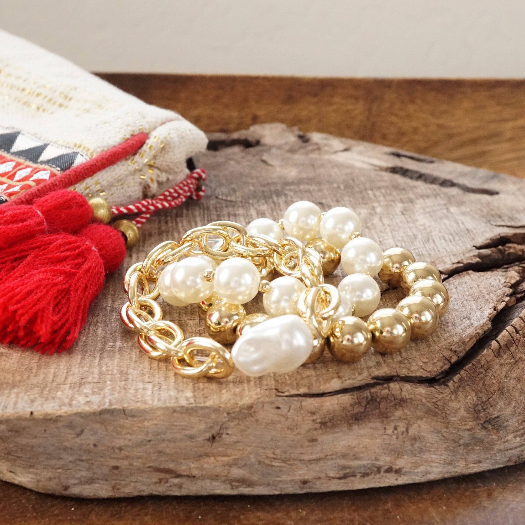 PennyLine inc - Vente Bracelet de perles - Ensemble de bracelets en chaîne épaisse et perles, grosses billes nacrées et dorées1