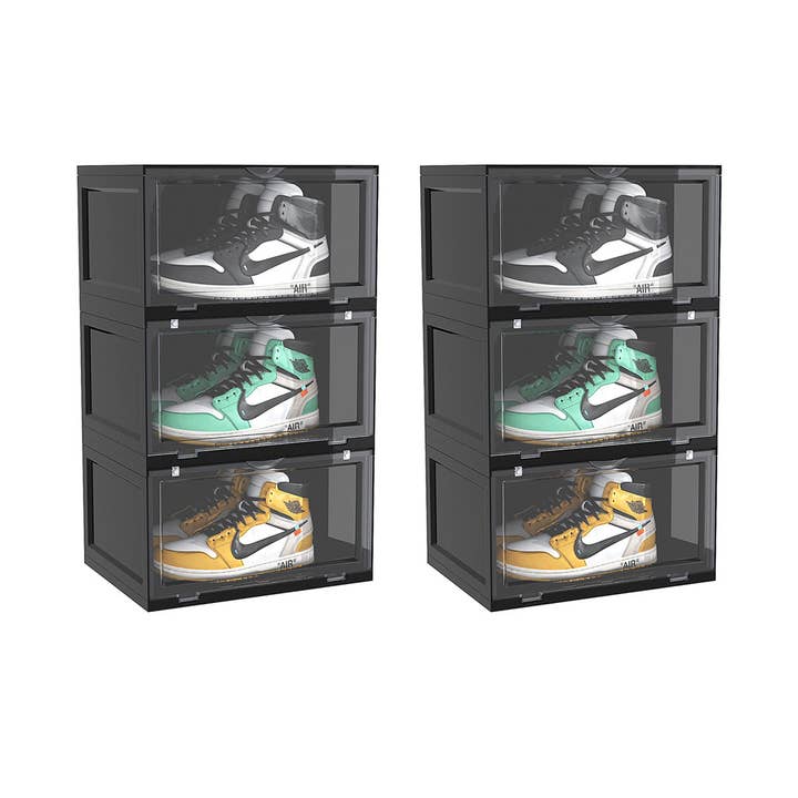 SOGA 2X 3 Tier Black Portable Shoe Organiser Sneaker Footwear Folding Plastic Bin Stackable Storage Box with Magnetic Door for wholesale by SOGA International Pty Ltd
