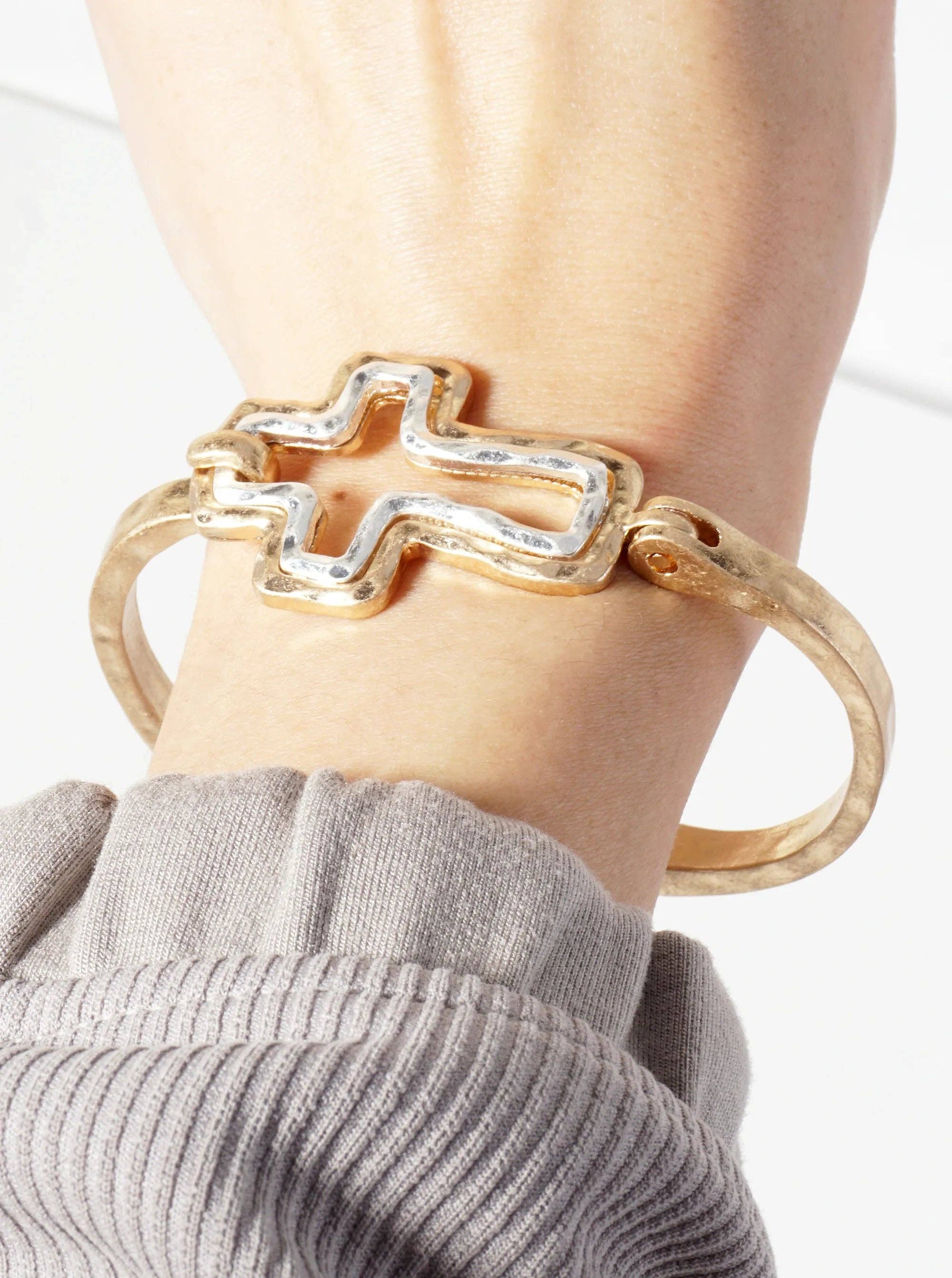 Wild Honey - Wholesale Bangle Bracelet - Hammered-Texture Metal Dual-Tone Cross-Shaped Hook-Clasp Hinged Bracelet1