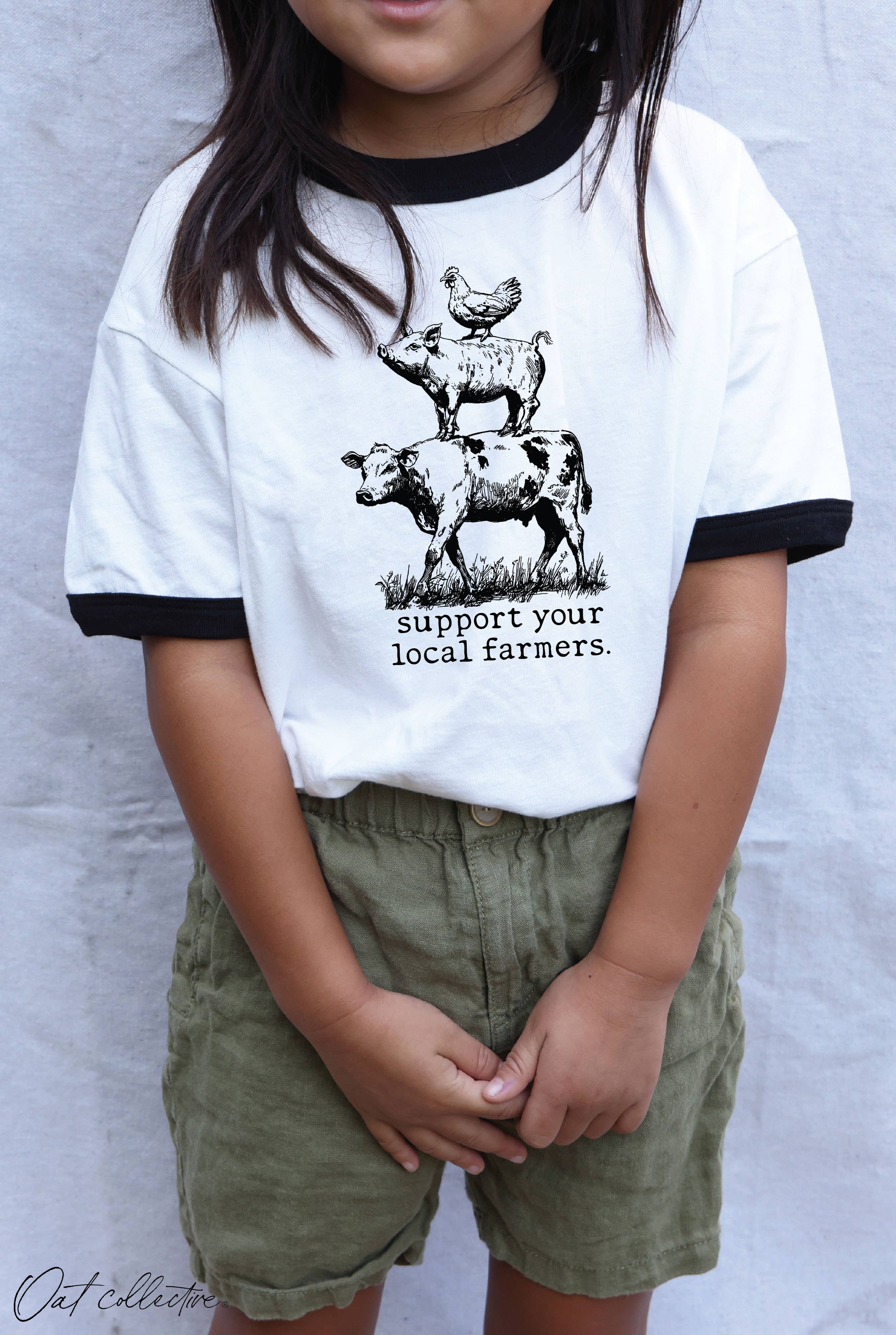 OAT COLLECTIVE - Wholesale Screen Printed T-Shirt - Kids - SUPPORT YOUR LOCAL FARMERS Toddler Unisex Ringer Top2