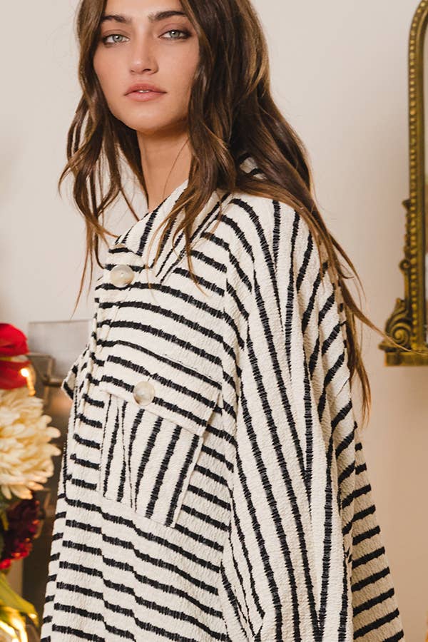 BUCKETLIST INC – wholesale Sweatshirt – Women's – T1578-5  Collared Oversized Button Up Stripe Pullover Top5