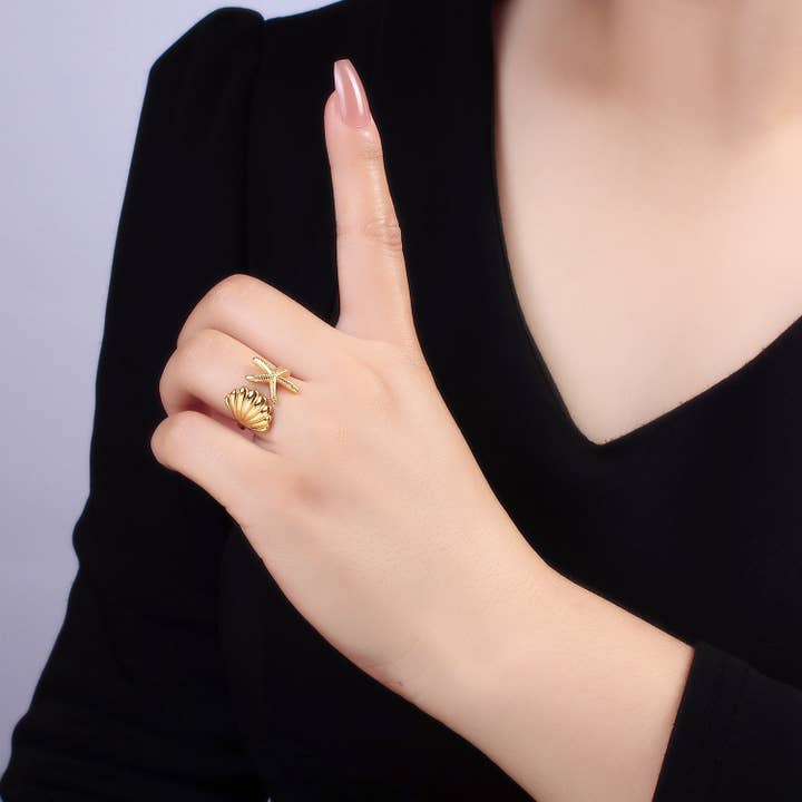 Aim Eternal - Wholesale Cocktail/Statement Ring - The Ariel Gold Clam Shell Star Fish Beach Adjustable Ring