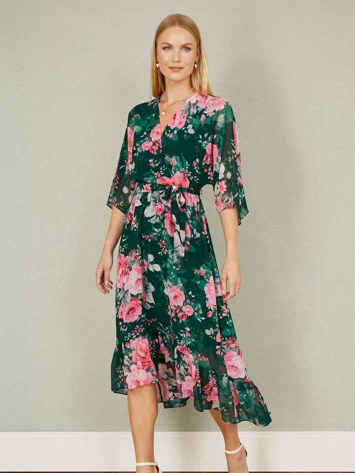 Yumi Dark Green Kimono Sleeves Midi Dip Hem Wrap Midi Dress for wholesale by Yumi