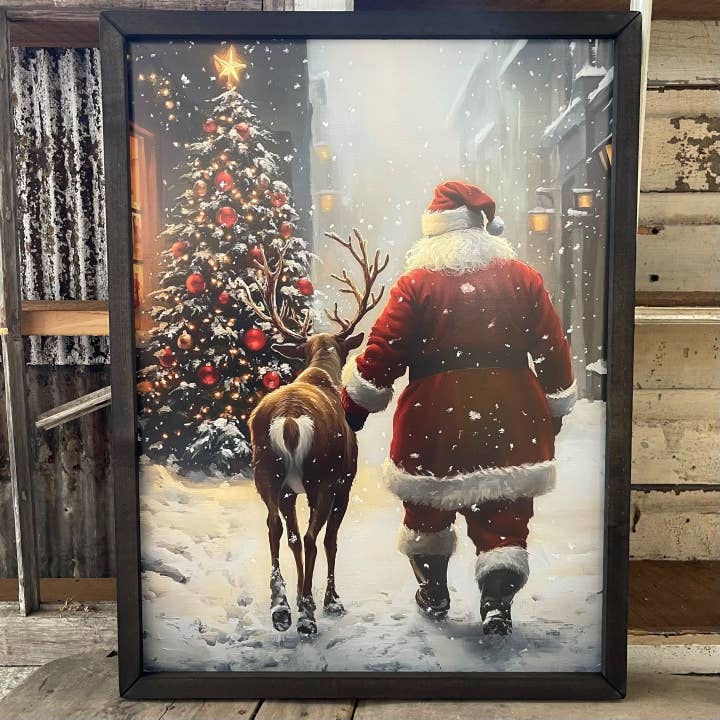 HMK163 Santa Walking Reindeer Town Box Frame for wholesale by JanMichaels Art & Home