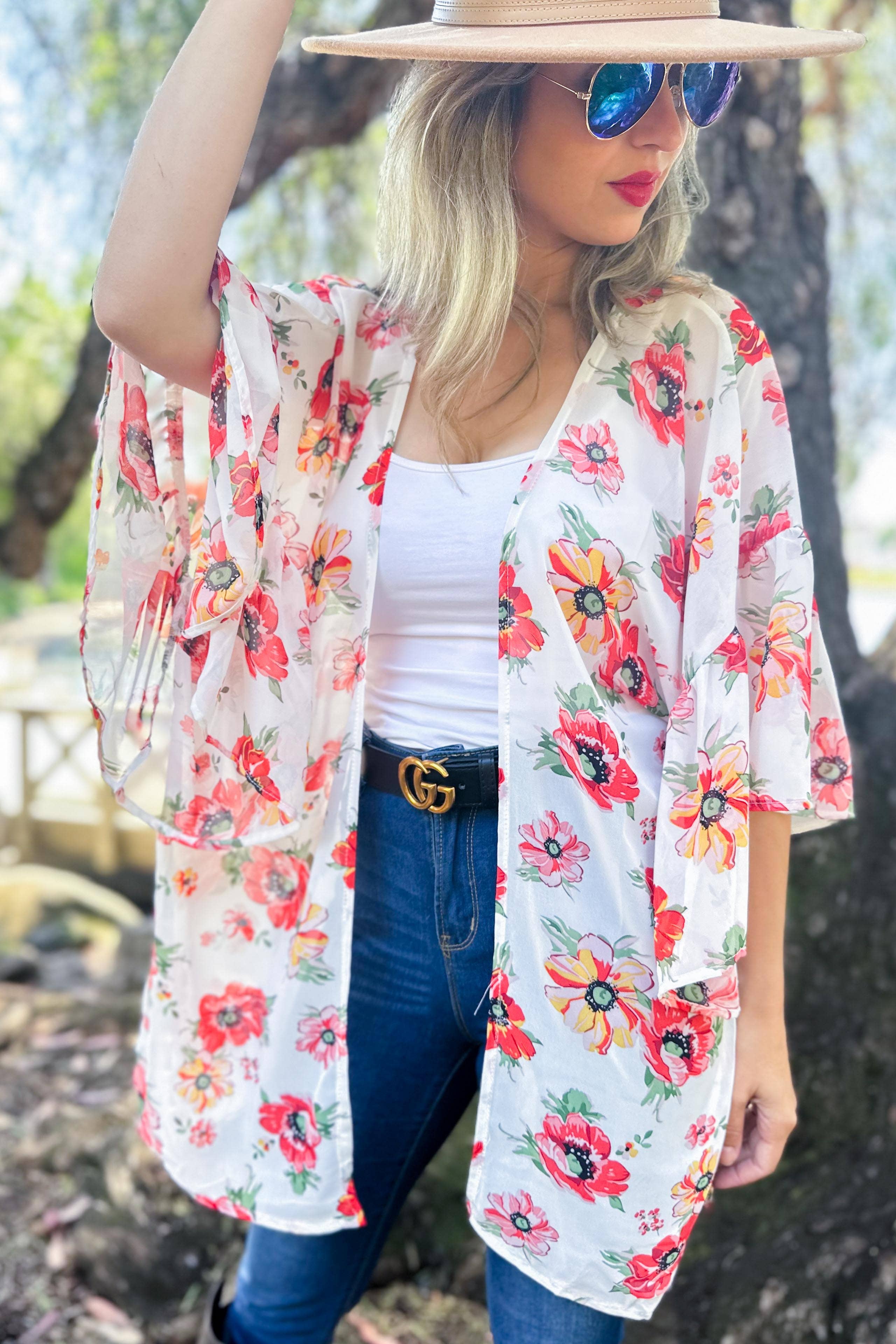 AMOLI – wholesale Kimono – Women's – Floral Printed Ruffled Sleeve Chiffon Kimono Cover-Up0