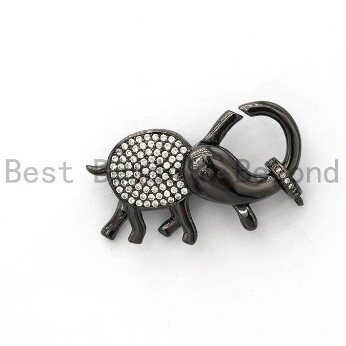 BestBeads&Beyond - Wholesale Individual Charm/Pendant - CZ Micro Pave Elephant Lobster Claw Clasp, Cubic Zirconia Pave elephant Connector/Clasp/link, Silver/Black/ Rose Gold/Gold,17x35mm, sku#H1304