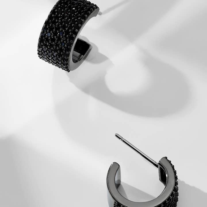 Ruthenium DISCO BLACK PAVE CZ CHUNKY HUGGIE EARRINGS for wholesale on Faire