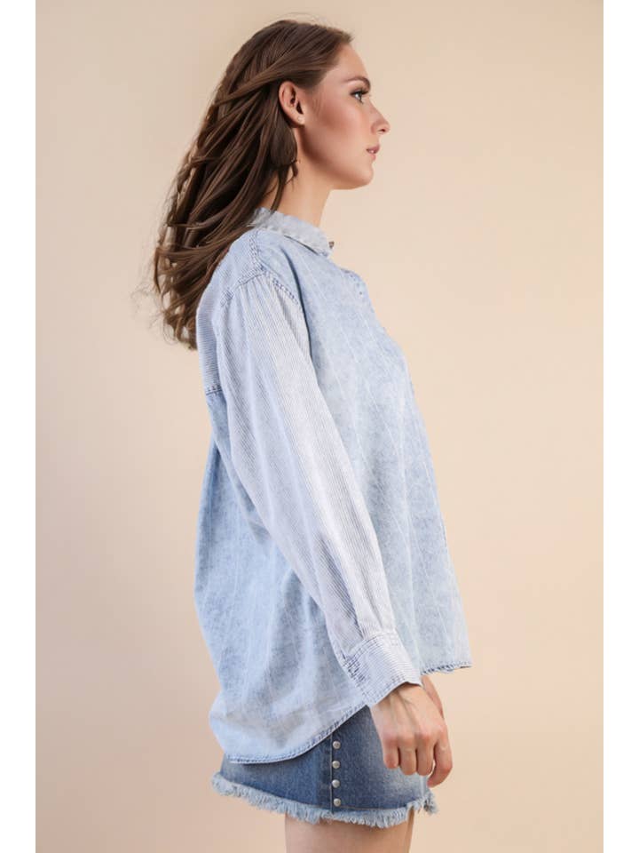 VERY J - Wholesale Button Down Shirt - Women's - NT12282-Mineral Washed Colorblock Striped Shirt Top7