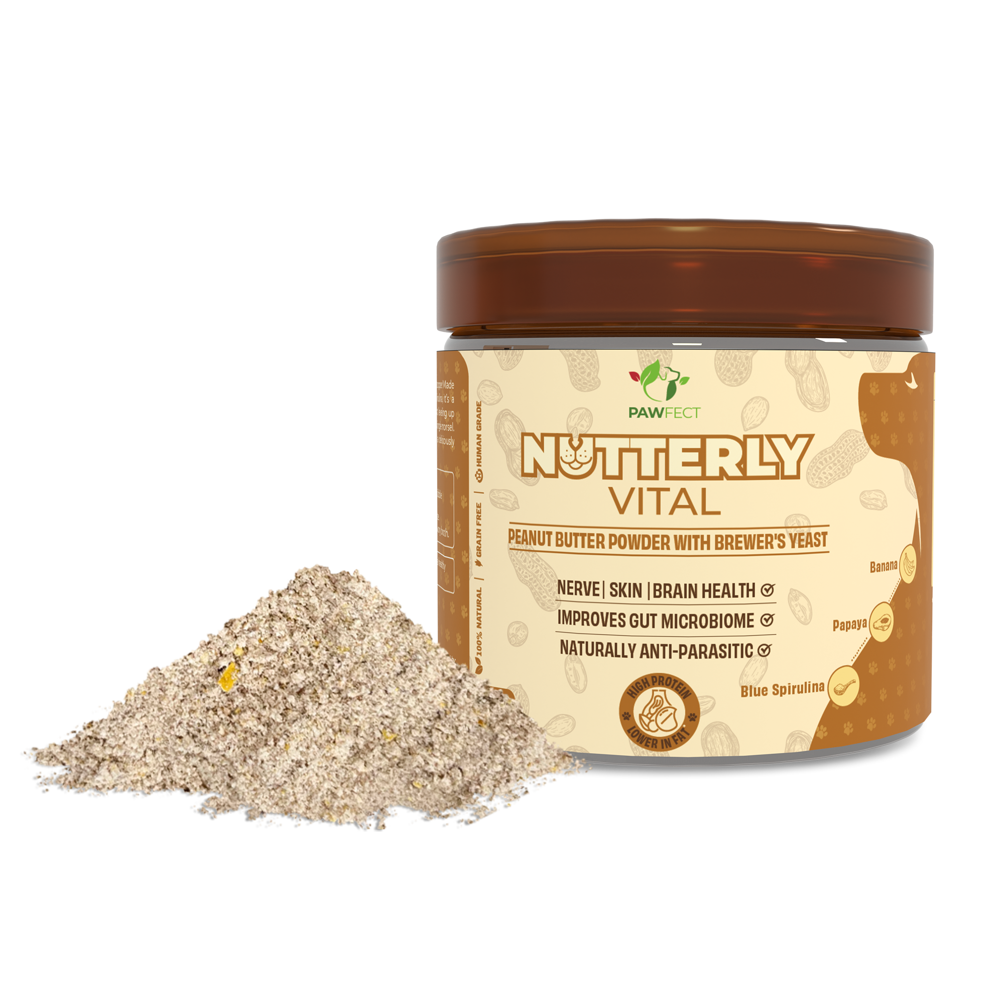 Pawfect Foods – wholesale Pet supplement – Dog – Pawfect Nutterly Vital Peanut Butter Powder | Daily Topper for Dogs | All Natural | Brewer's Yeast & Blue Spirulina | Improves Nerve, Skin, Brain Health & Gut Microbiome | Anti Parasitic (250g/8.82oz)0