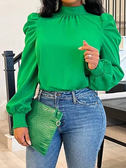 HIDDENBRAND - Wholesale Blouse - Women's - Solid stand collar puff sleeve tie neck blouse
