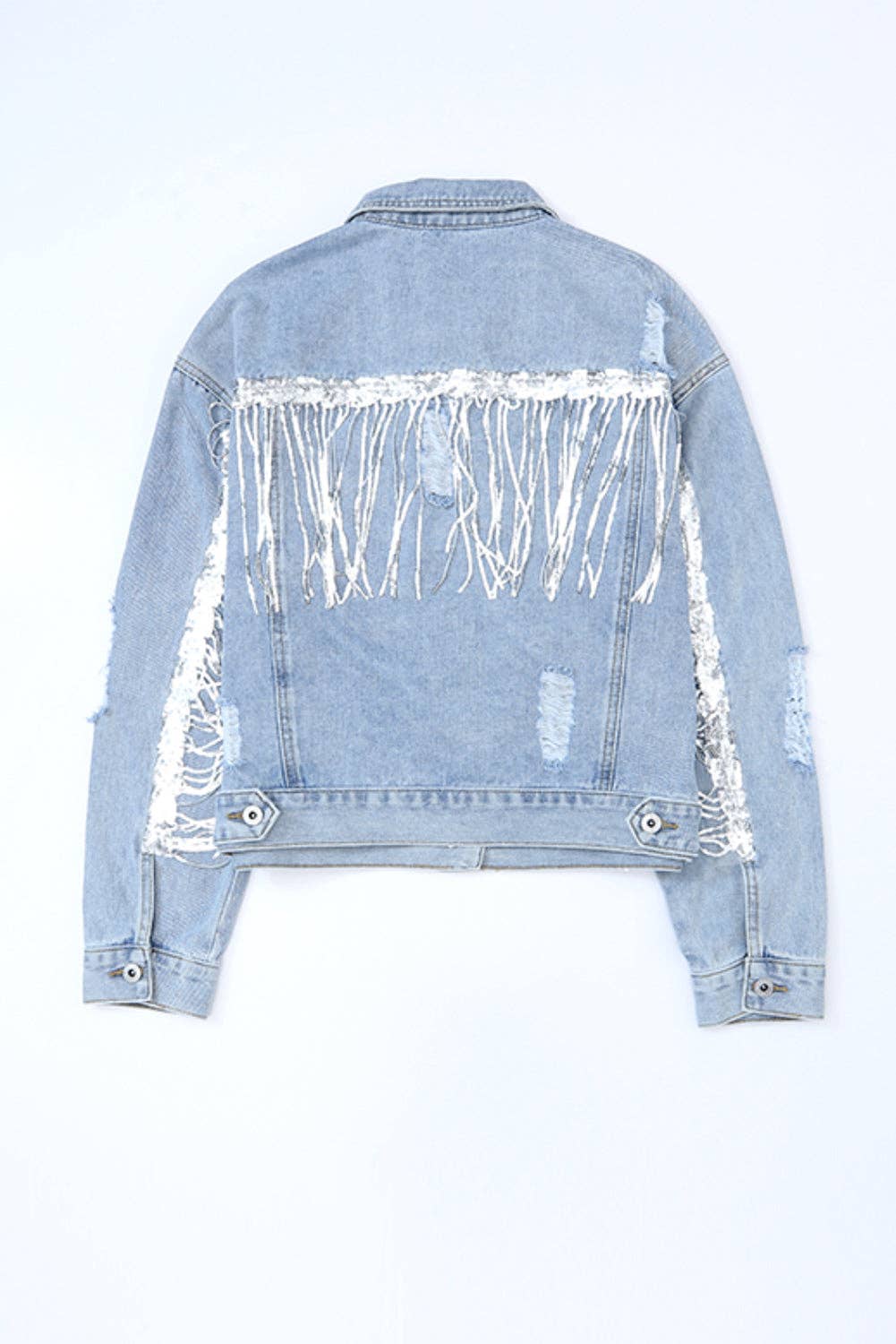 Sky Blue Sequin Embellished Fringe Distressed Denim Jacket for wholesale on Faire12