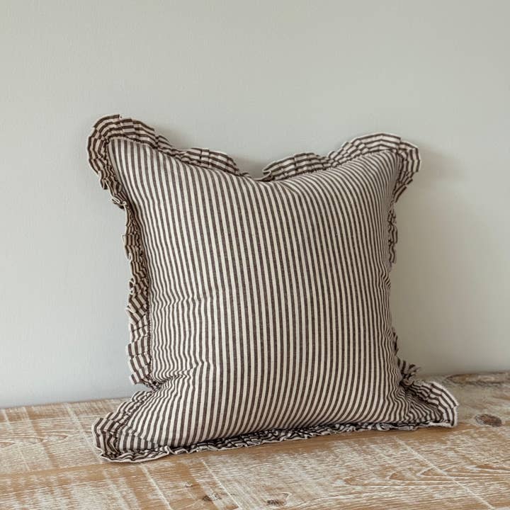 Ellenvale Trade - Wholesale Chair Cushion - Darcy Ruffle Cotton Cushion Cover 65x65 - Dark Brown Stripe2