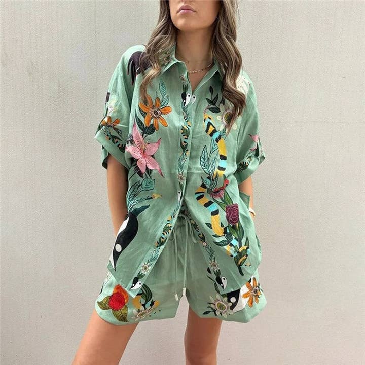 GREEN Relaxed Fit Printed Short Sleeve Shirt And Shorts Set for wholesale on Faire