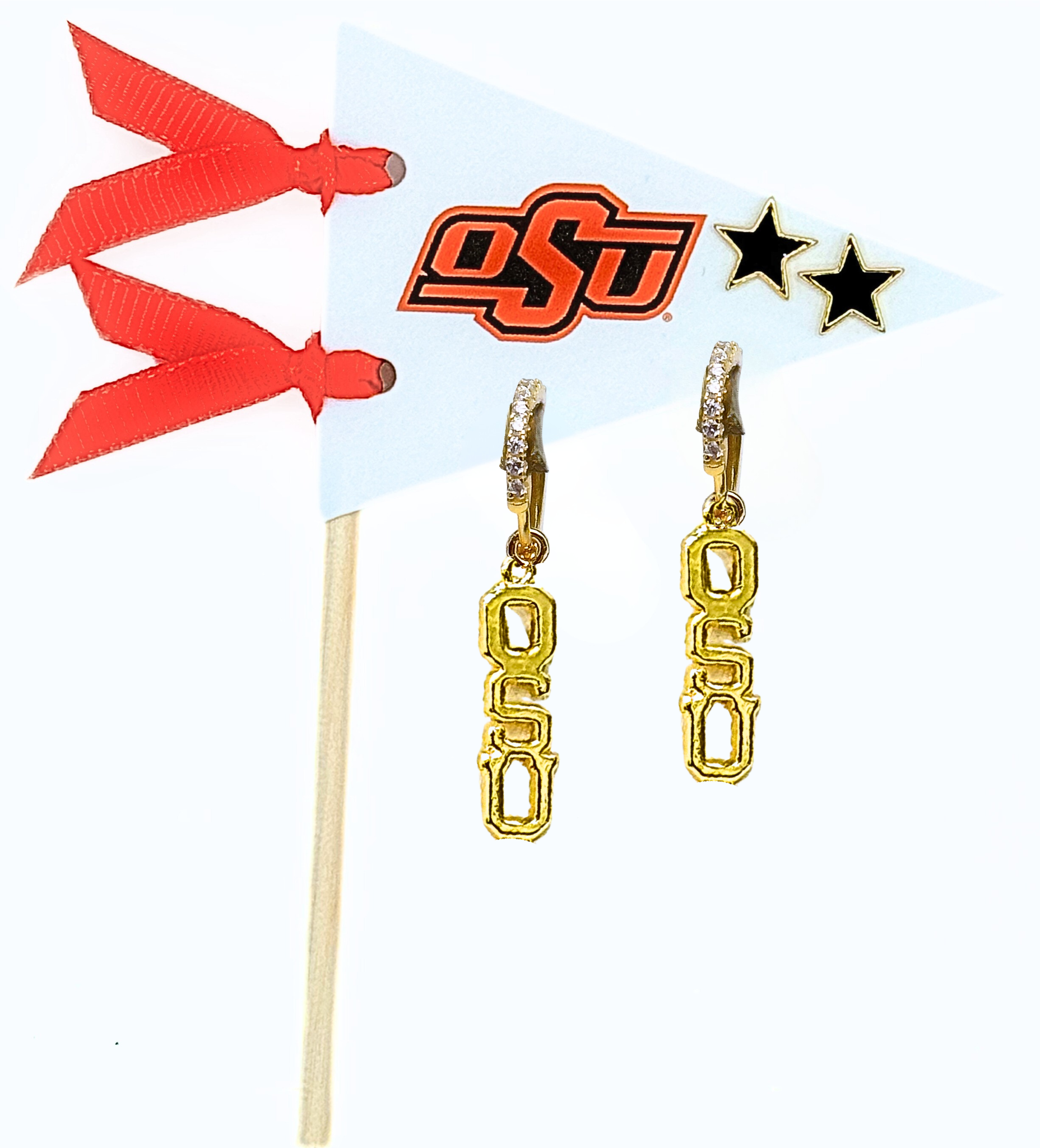 Color Shout - Wholesale Jewelry Set - E203-OSU : Oklahoma State University Pennant Pair Logo Earring Set0