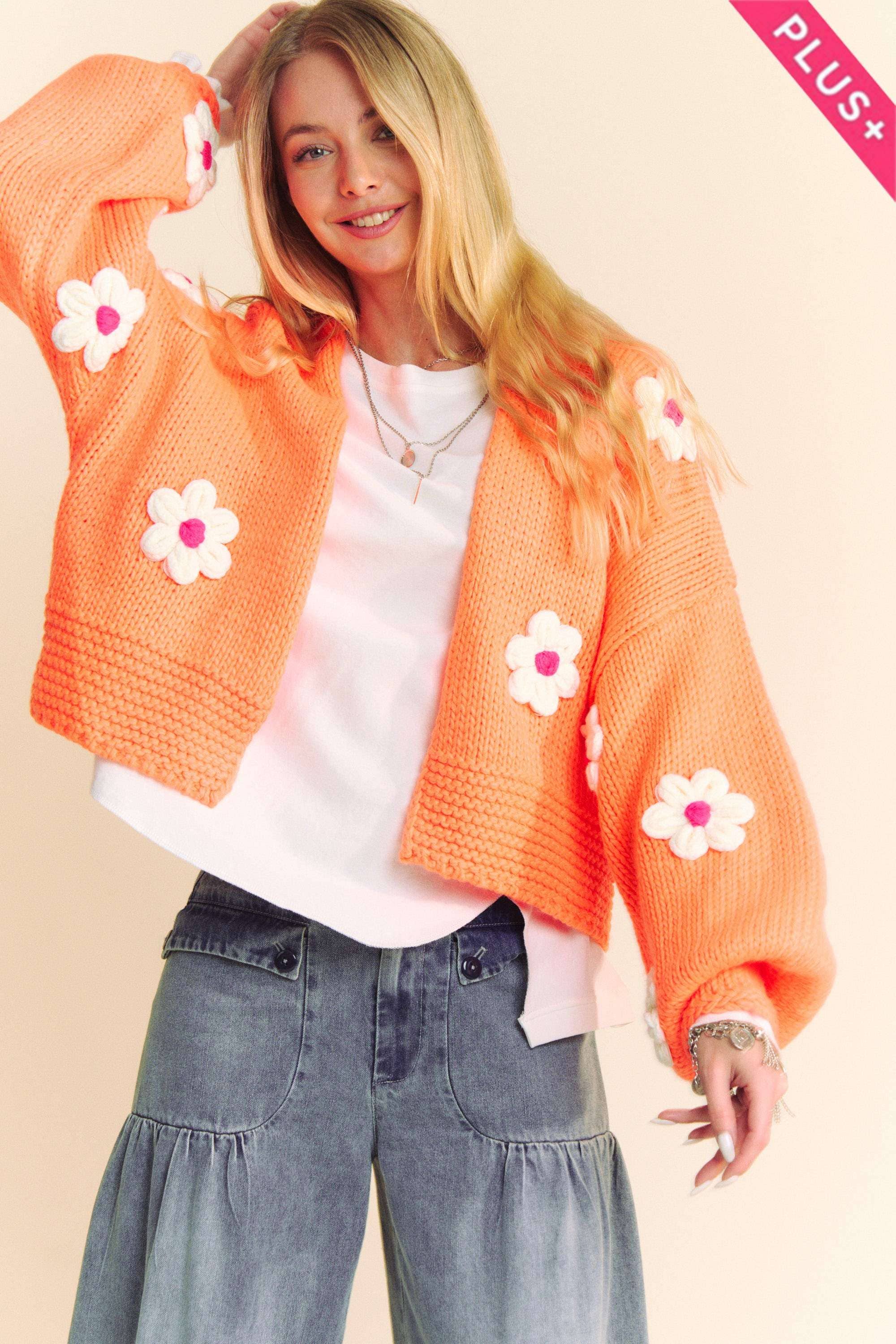NEON ORANGE PLUS FLORAL APPLIQUE LANTERN SLEEVE CROP CARDIGAN for wholesale on Faire0
