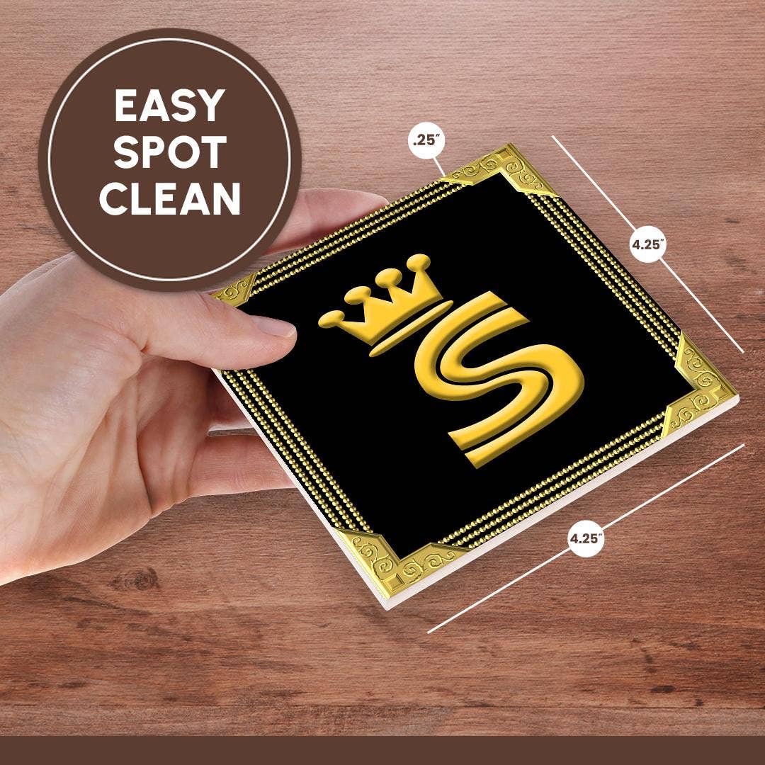 3dRose - Wholesale Coasters - 3dRose, King, queen crown, rich frame. Yellow on black. Stunning letter S, Coaster6