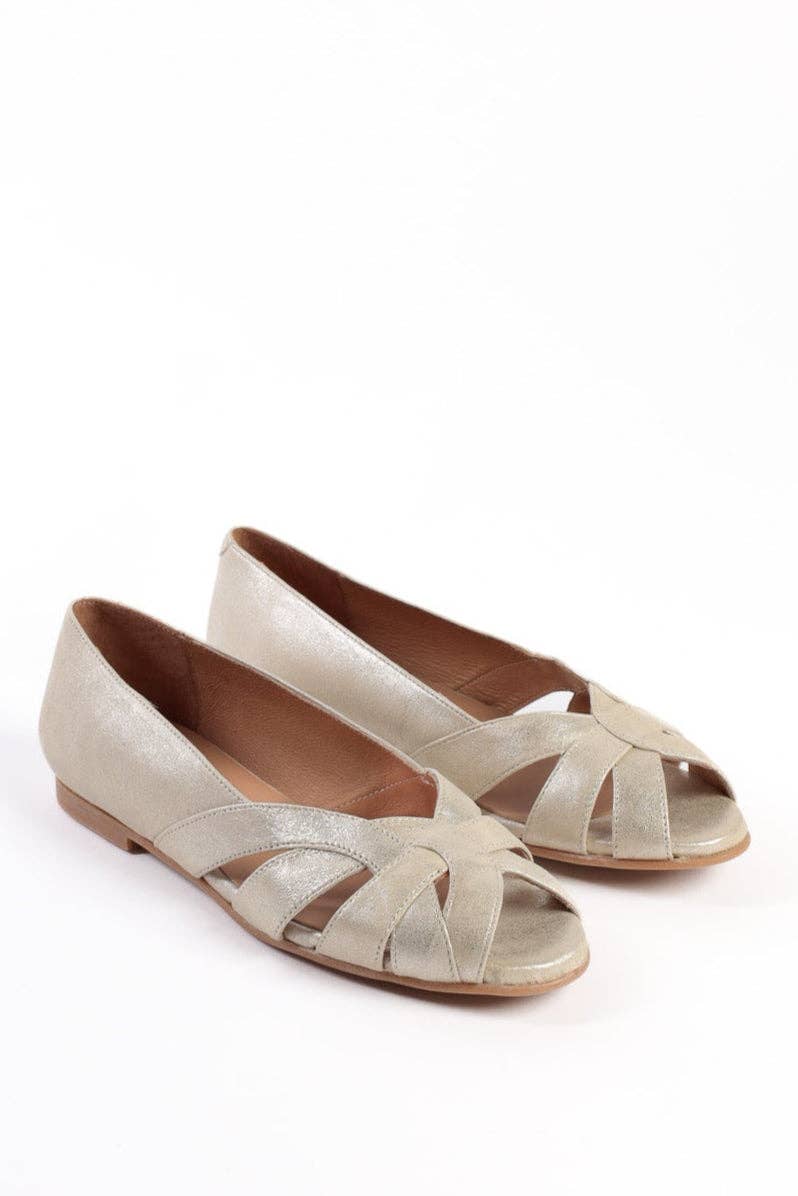 KMB Shoes - Wholesale Flats - Women's - AMELIA GOLD - Peep-Toe Ballet Flats with Crossover Straps3