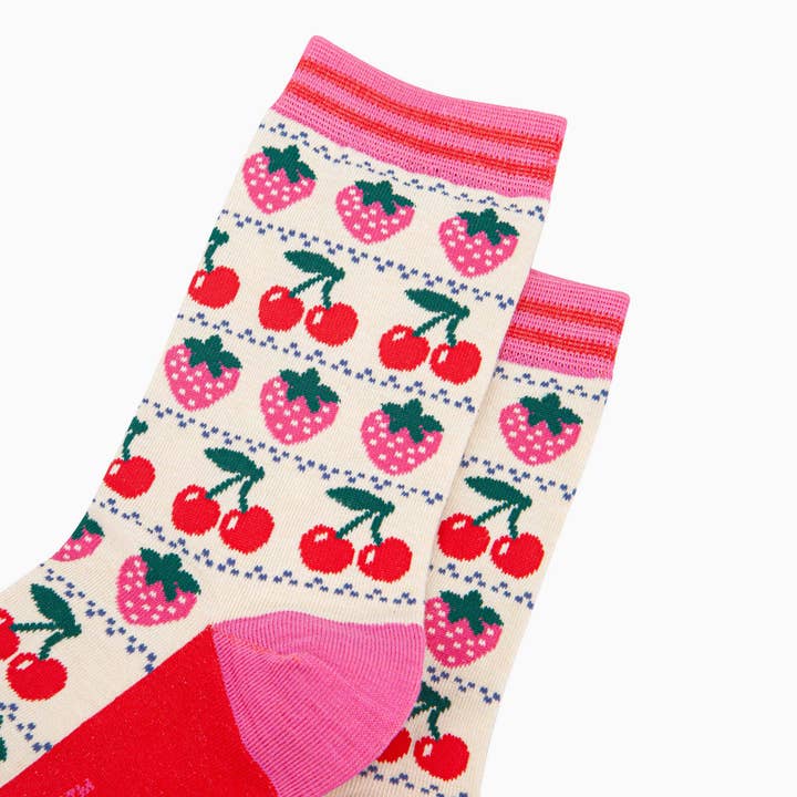 Sock Talk - Wholesale Socks – Women's - Women's Bamboo Socks - Cream, Strawberry Cherry Fair Isle2