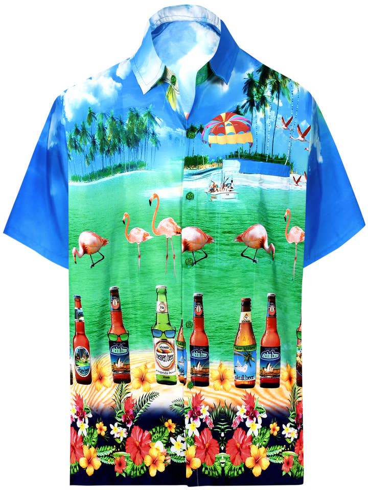 Chemises de plage exotiques LA LEELA pour homme, taille XS, bleu sarcelle et alcool pour la vente par LA LEELA \ HAPPY BAY