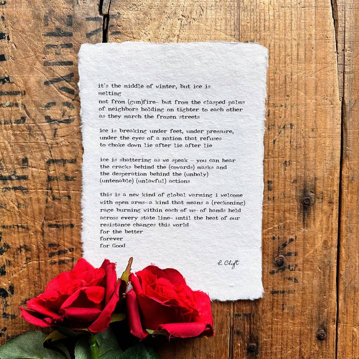 Hands held for Good resistance poem on handmade paper for wholesale by Alison Rose Vintage