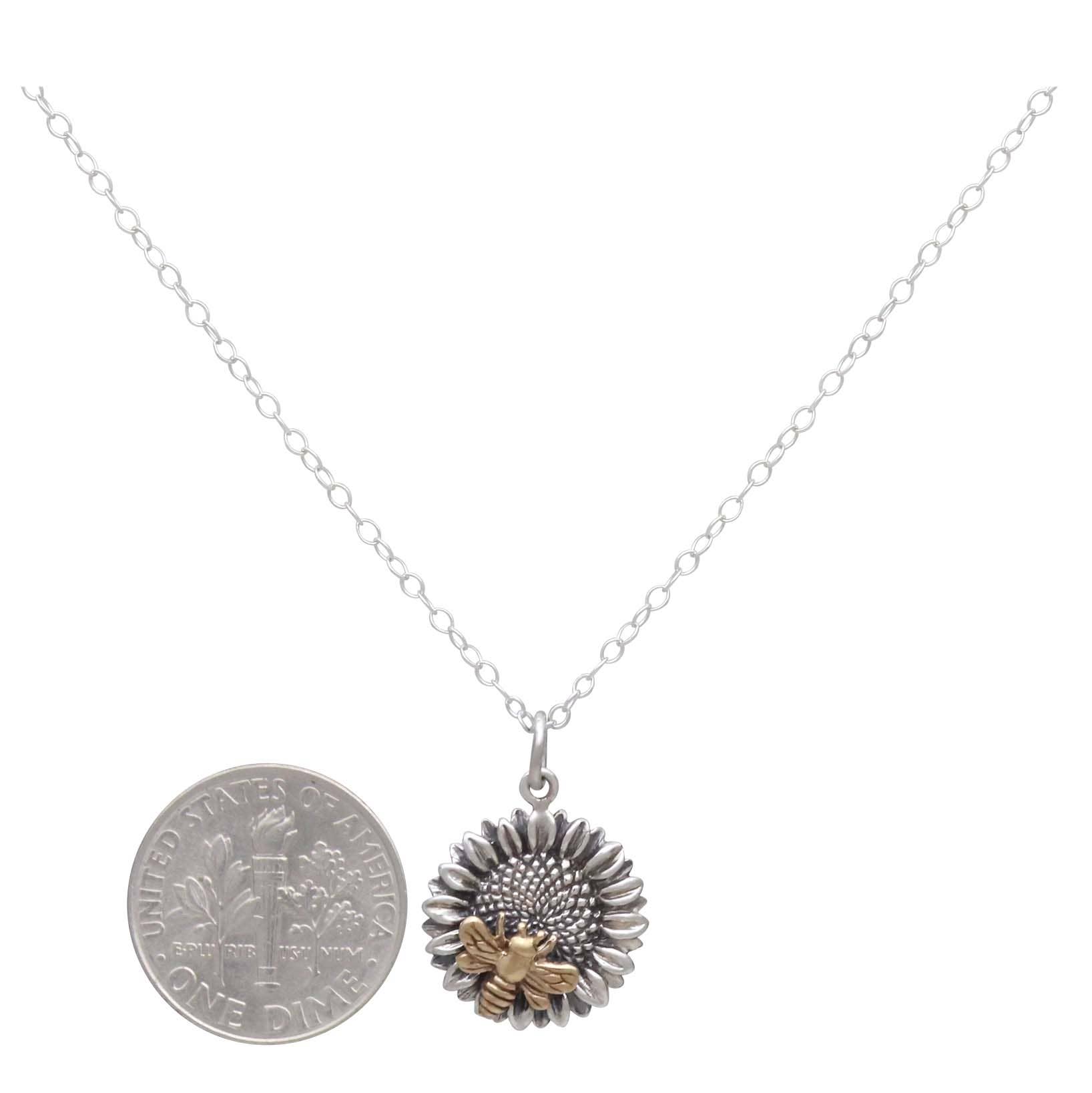 Nina Designs - Wholesale Pendant/Charm Necklace - Sterling Silver Sunflower Necklace with Bronze Bee2