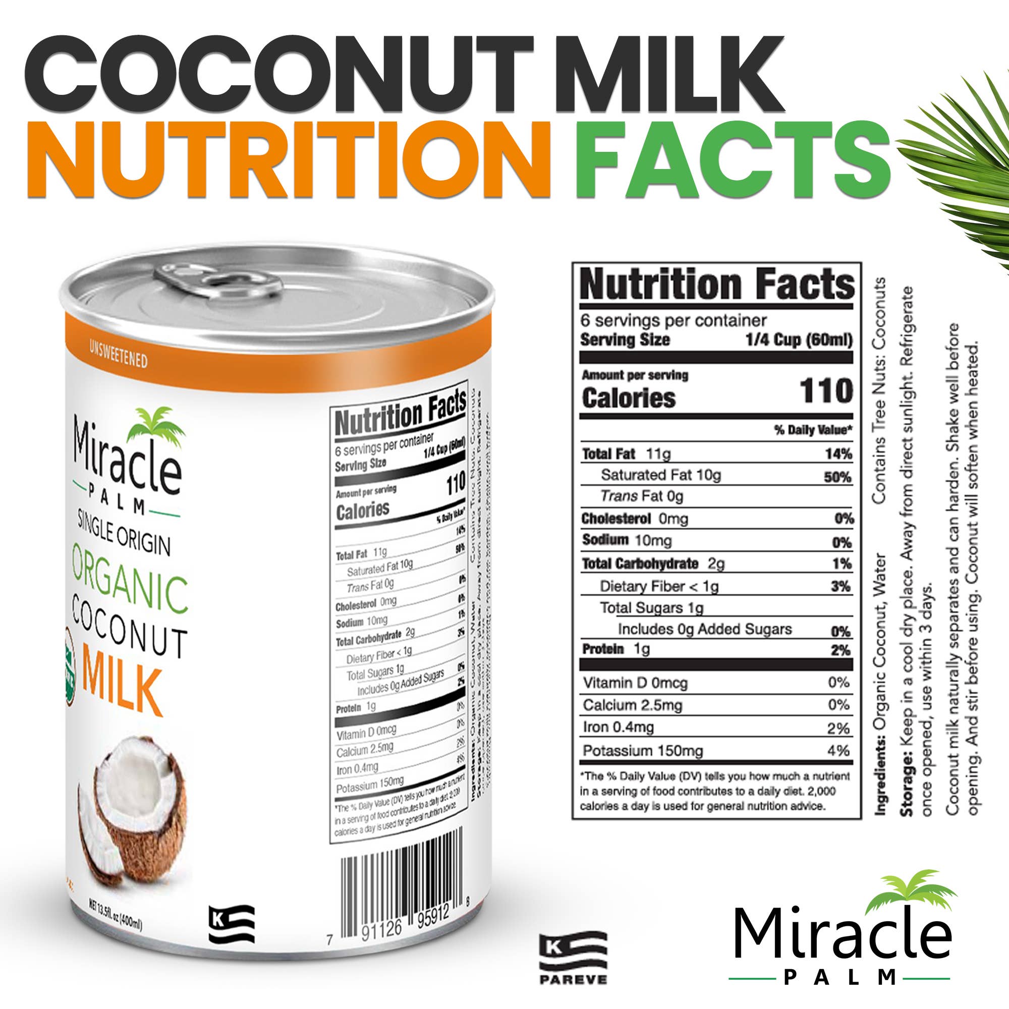 Miracle Palm - Wholesale Non-Dairy Milk - Organic Coconut Milk 18% Fat Unsweetened 13.5 Oz Can 6 pack3