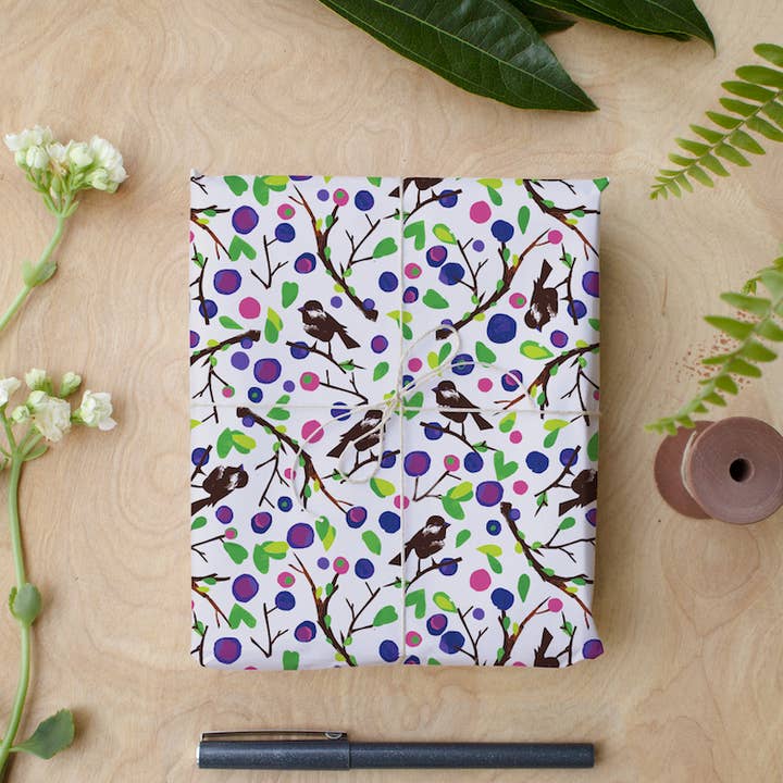 Chickadee Wrapping Paper & Gift Tag Set for wholesale by Natasha Zahn Studio