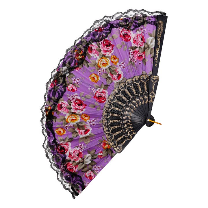 Cap Zone - Wholesale Handheld Folding Fan - Peony Floral Lace Trim Hand-Held Folding Fan