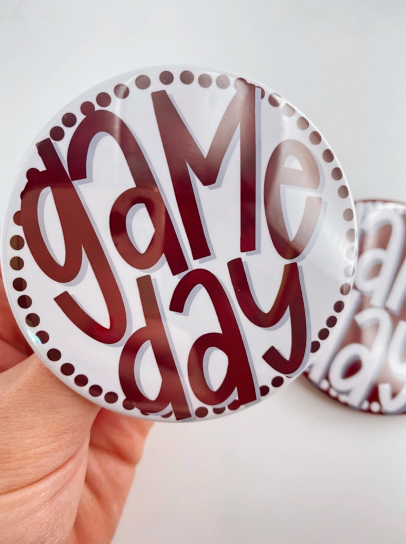 Tailgated Co. - Wholesale Lapel Pin/Button - Maroon Polka Dot Game Day Button1