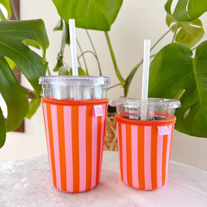 Elle Nicole - Wholesale Drink Huggers & Koozies - Coffee Cup Cover - Pink & Orange Stripes - Iced Drink Sleeve