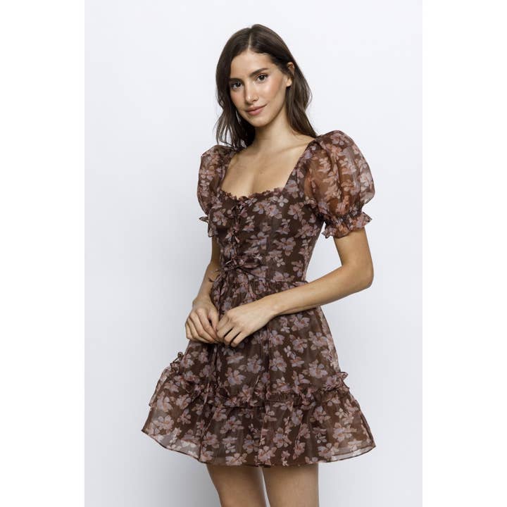 MARRON FLORAL JD6693-1- MINI-ROBE FLORALE À LIGNES en vente sur Faire3