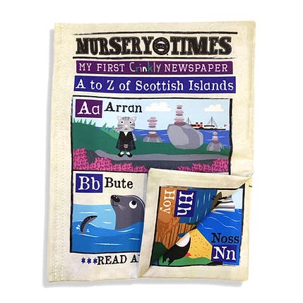 Nursery Times Crinkly Newspaper - A-Z of Scottish Islands for wholesale by Jo & Nic's Crinkly Cloth Books