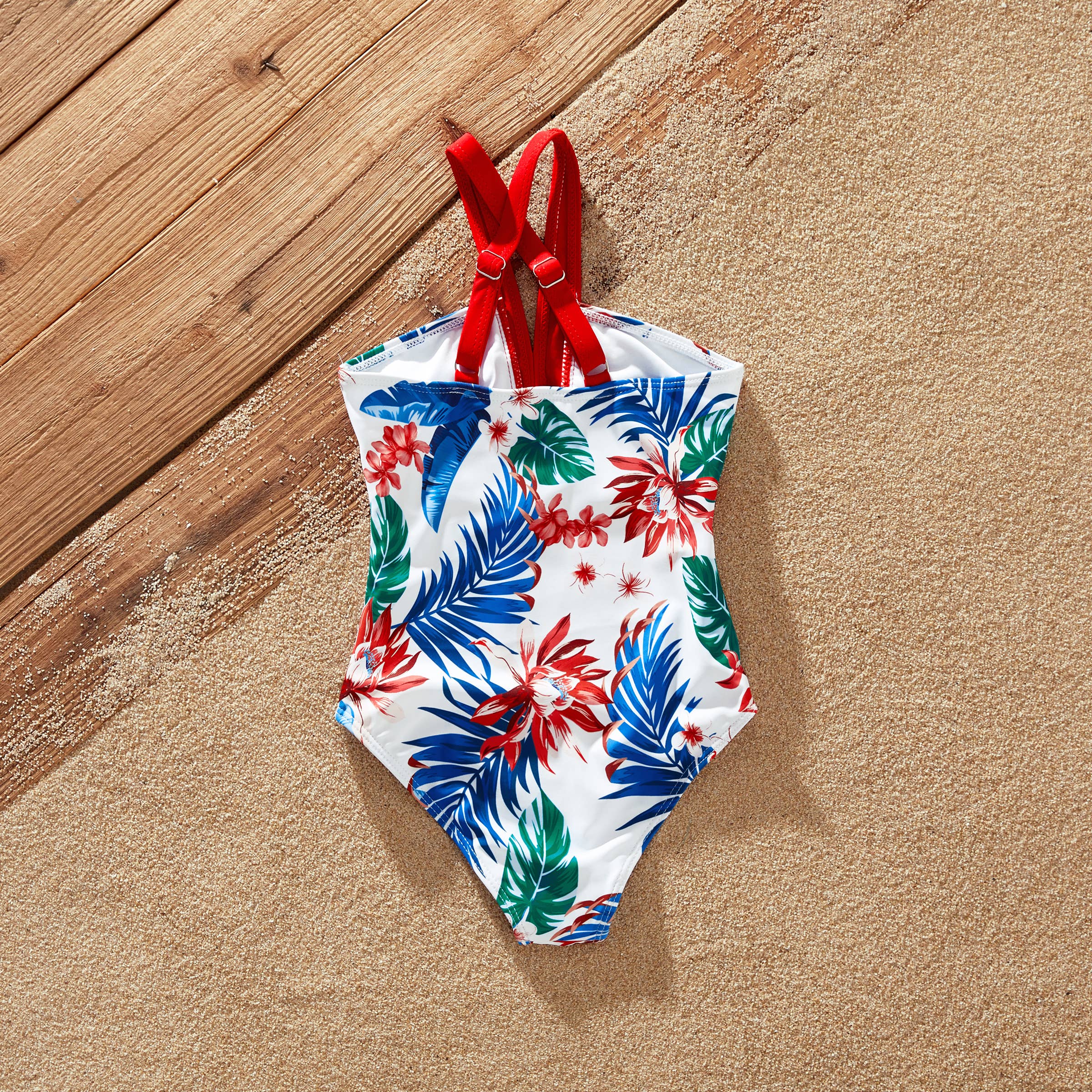 Red Matching Family Tropical Plant One-piece Swimsuit or trunks for wholesale on Faire9