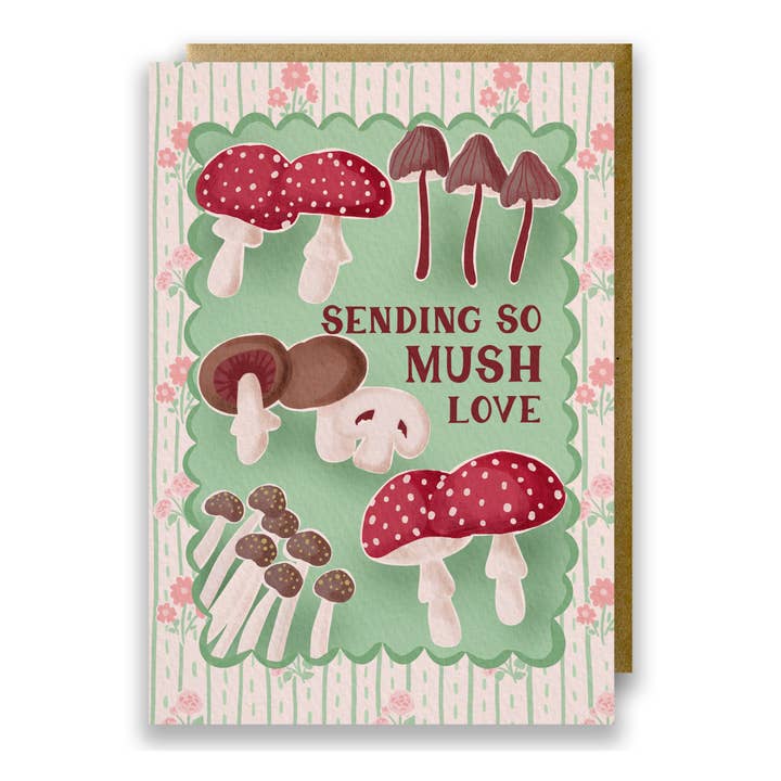 Mushrooms & Floral Print Sending Love Card - So Mush Love for wholesale by Jessie Maeve Studio