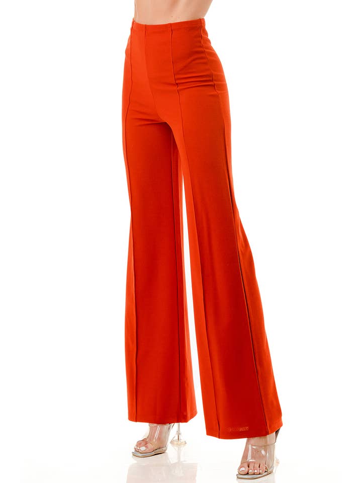 Color 5 - Wholesale Pants - Women's - Solid color wide leg high waist dressy pants with trim line